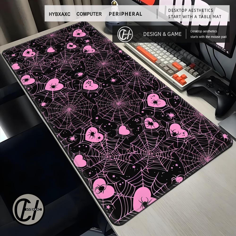 Desk Setup In Office - 90x40 White or Pink Spiderweb Hearts